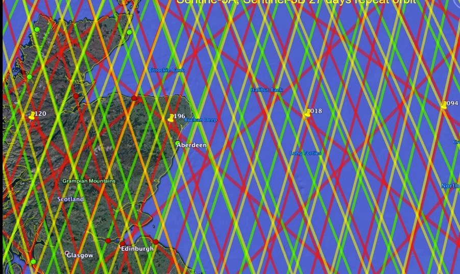Satellite altimetry tracks over Scotland and the North Sea