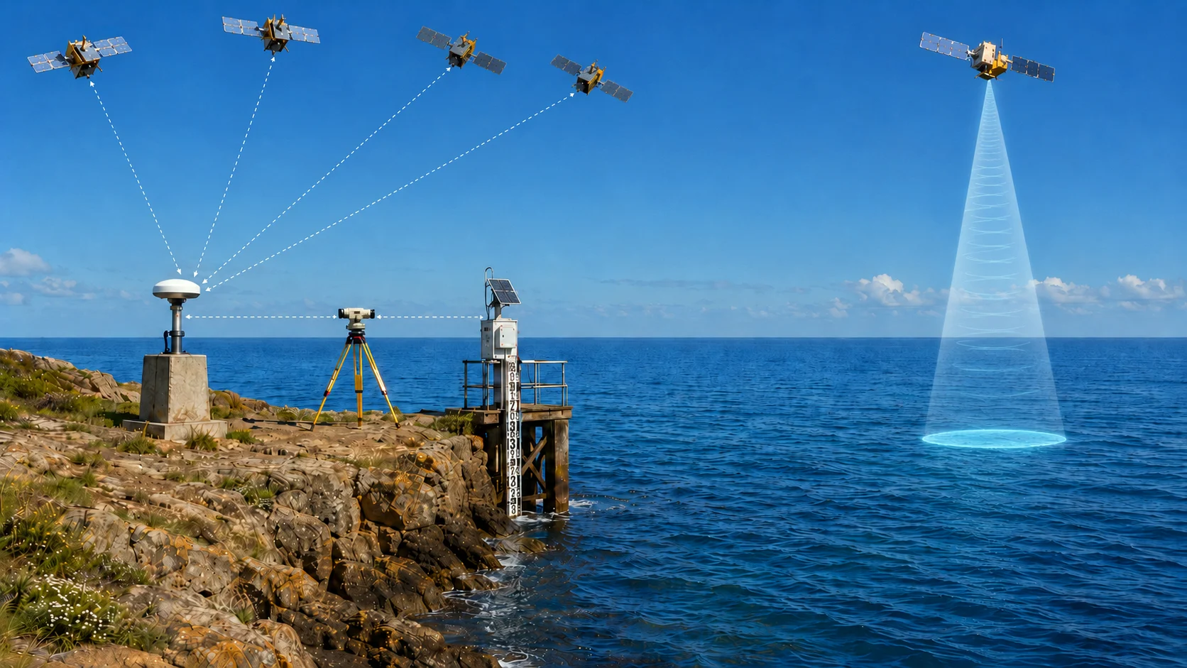 Coastal monitoring with GNSS, levelling, a tide gauge and a satellite-altimetry radio footprint